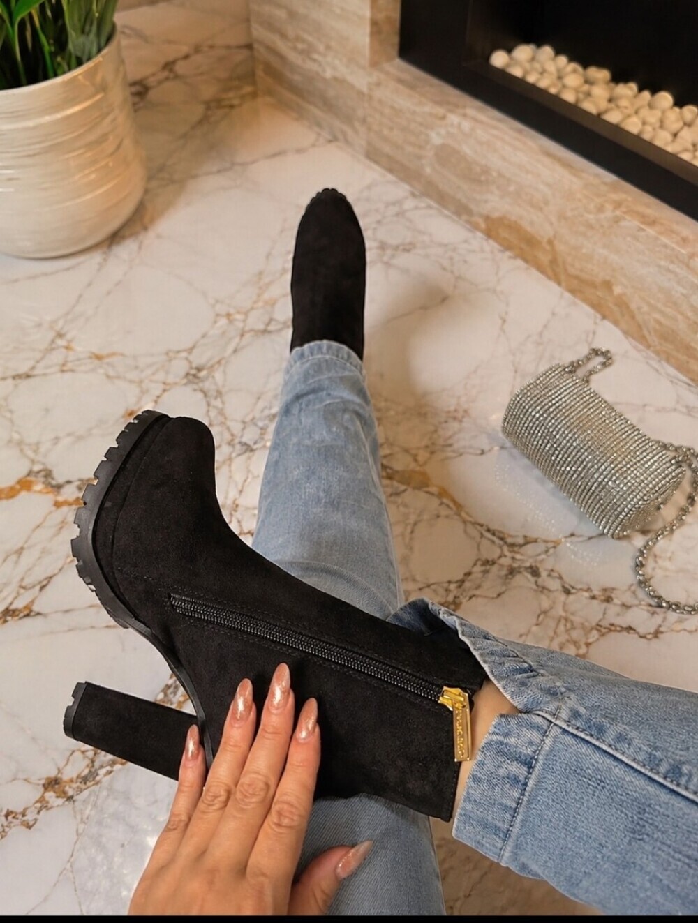 Chunky Block Heel Suede Ankle Boots with Side Zipper